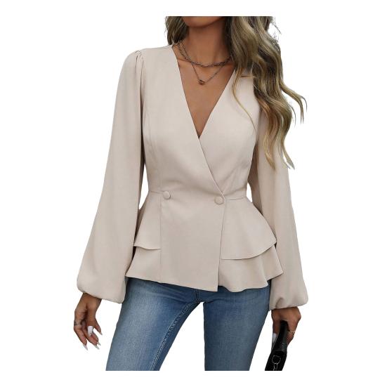 Top da donna Scollo a V Manica lunga Blusa snellente Vita aderente Orlo con volant Camicia a tinta unita Top Abbigliamento quotidiano