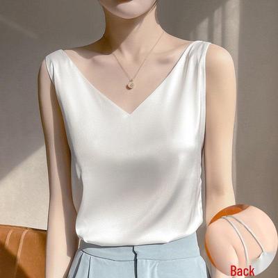 Γυναικείο Σατέν Μπλουζάκι με V-Neck - Μαύρο/Λευκό, Απομίμηση Μεταξιού, Βασικό Ρούχο Καλοκαιριού