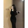 Autumn and Winter Retro Semi-turtleneck Off-the-shoulder Knitted Dress Femininity Waist-wrapped Hip Long Dress with Bottom Skirt
