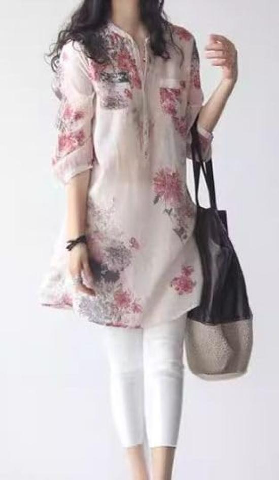 Pretty floral pattern sleeve pullover cute and stylish band pocketed summer fashion pink [aspersio] 3/4 tunic, mature, top, women's shirt, long,