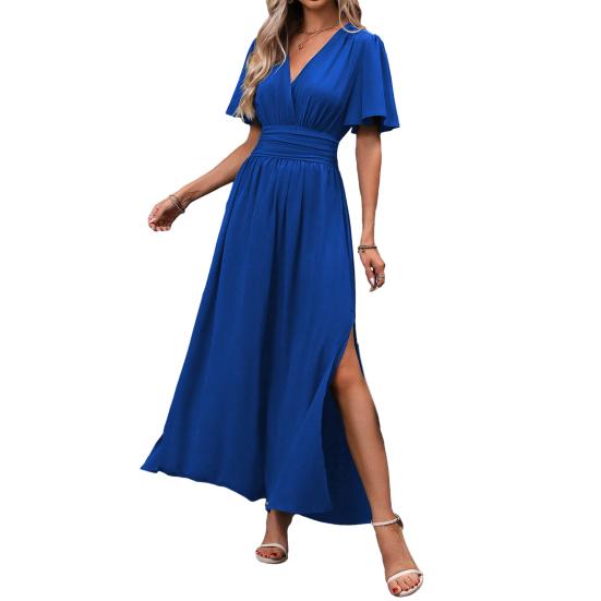 Women s Summer V Neck Maxi Dress Short Sleeve Flowy A-line Slit Long Dress M