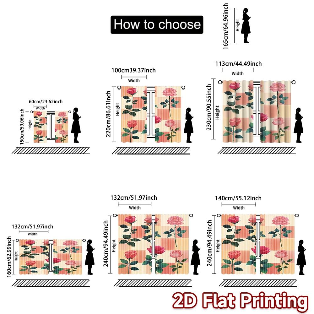 2D FLAT PRINTING 2pcs Curtains (Without Rod) Floral Pink Rose Design Saint Patrick Is Day Festival Creative Curtains Versatile