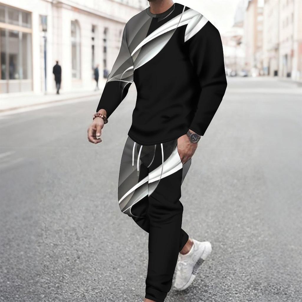 Men Black White Abstract Curve Line Print Long Sleeve Sweatshirt Jogger Pants Two Piece Suit