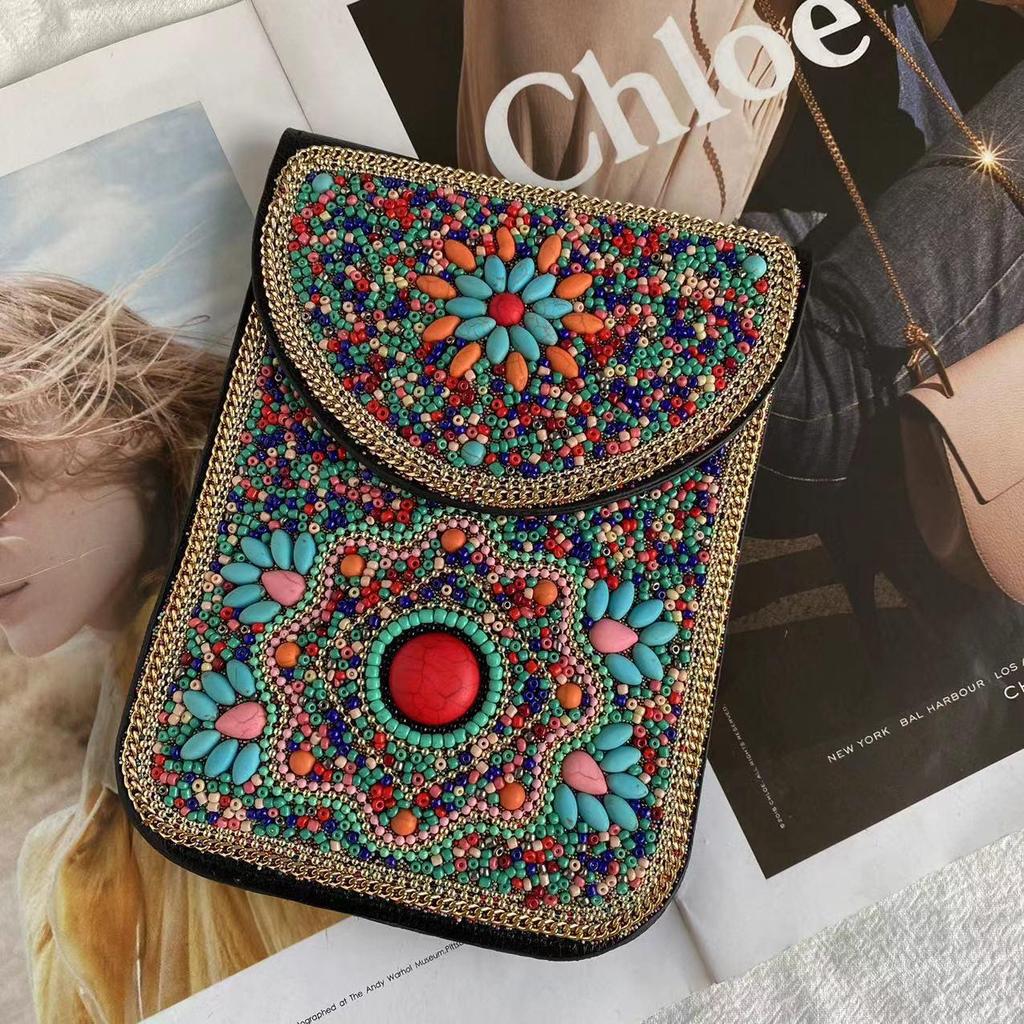Exquisite Bohemian Style Crossbody Bag with Rice Beads, Shells, and Flowers