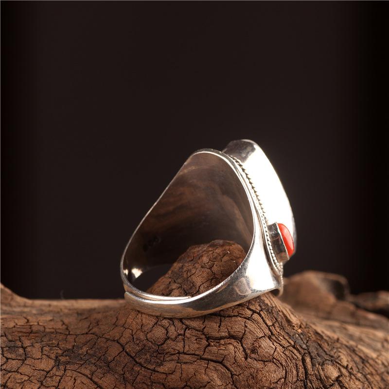 טבעת 1.18" אסוף סין משובץ כסף סטרלינג טהור מעולה חרוזי אלמוג אדום טיאנז'ו דזי