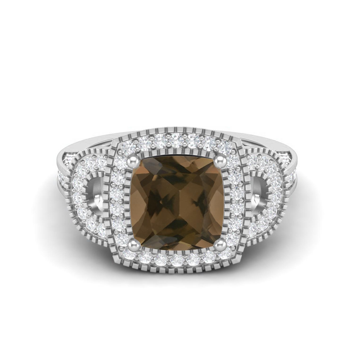 4.06 Ctw Cushion Smoky Quartz 925 Sterling Silver Solitaire Halo Women Wedding Ring 8