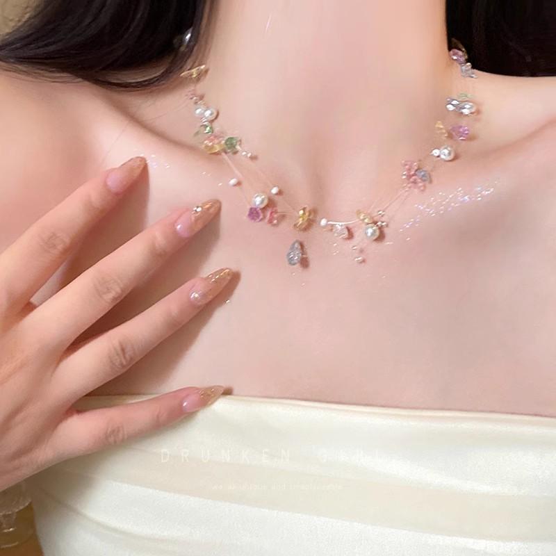 Colored Beaded Pearl Necklace Summer Dopamine Stacked Necklace Accessories Seaside Vacation Collarbone Chain