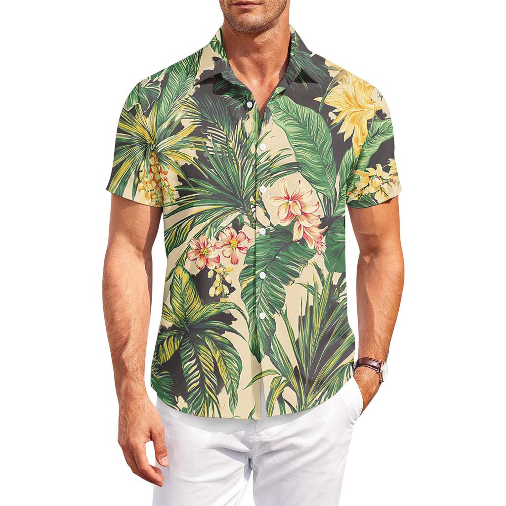 Men's Casual, Loose-Fit Short-Sleeve Shirt With Hawaiian Print