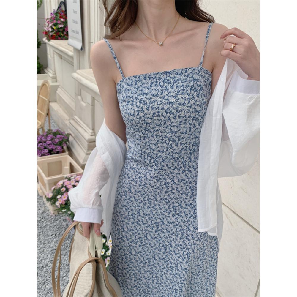 Women's summer wind floral suspender dress waist medium and long temperament seaside vacation skirt suspender