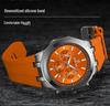 Men's Quartz Watch with Silicone Band, Multifunctional Design, Three Subdials, Six Hands, and Calendar.