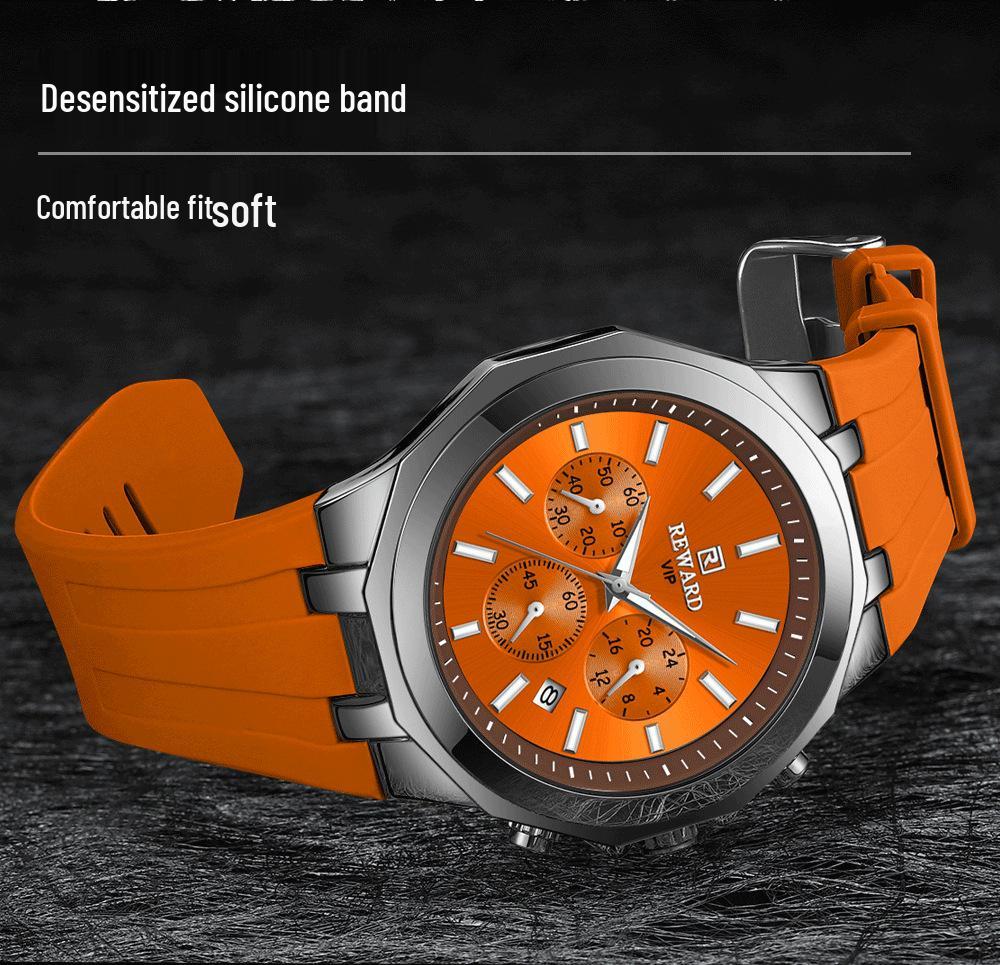 Men's Quartz Watch with Silicone Band, Multifunctional Design, Three Subdials, Six Hands, and Calendar.