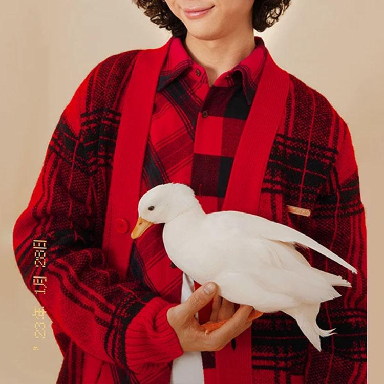 LiNing Plaid Pocket Button Lapel Loose Long Sleeve Shirt Men Tops Red ASHT001-1