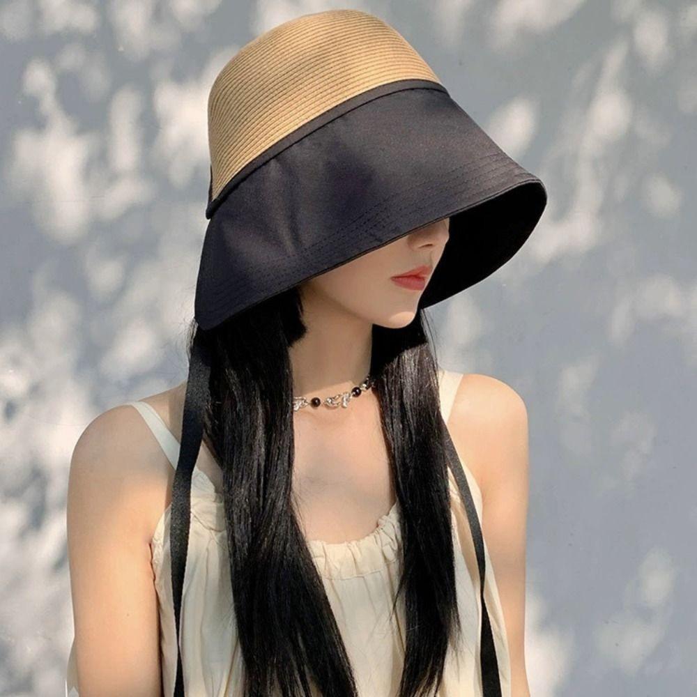 Stripe Straw Hat Shade Sun Caps Sunscreen Bucket Hat Foldable Beach Fisherman Hat  Outdoor Sports