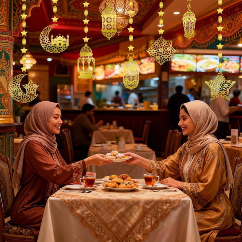 8 Pieces Ramadan Decoration, Eid Mubarak Gold Garland Pendant Decor Set, Ramadan Islam Living Room Garland Window Wall Hanging Decorations