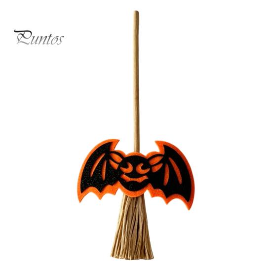 Decorative Straw Broom Props Halloween Mini Broomstick Ornament, Witch Pumpkin Bat Ghost Decor with Natural Grass Double-layer Glitter Felt