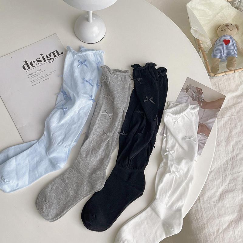 Women'S Stockings High Quality Modern  Simple Cute Japanese Style Long Women Socks Mesh Bow Sweet Knee High Socks Thin White