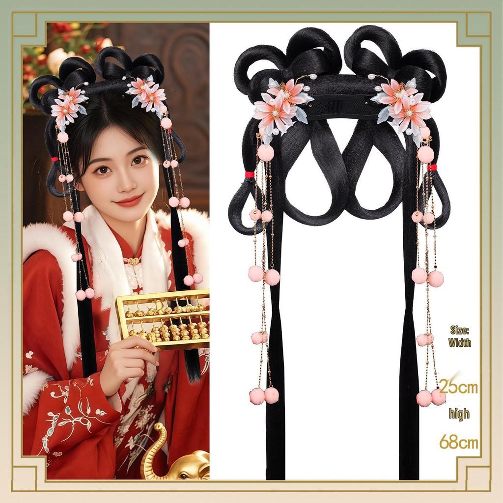 Ancient Hanfu Wig Accessory Set: Sweet Hair Bun with Tassel Flower Headdress for Women