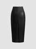 Solid Color PU Leather High Waist Ruched Midi Skirt with Drawstring Slit