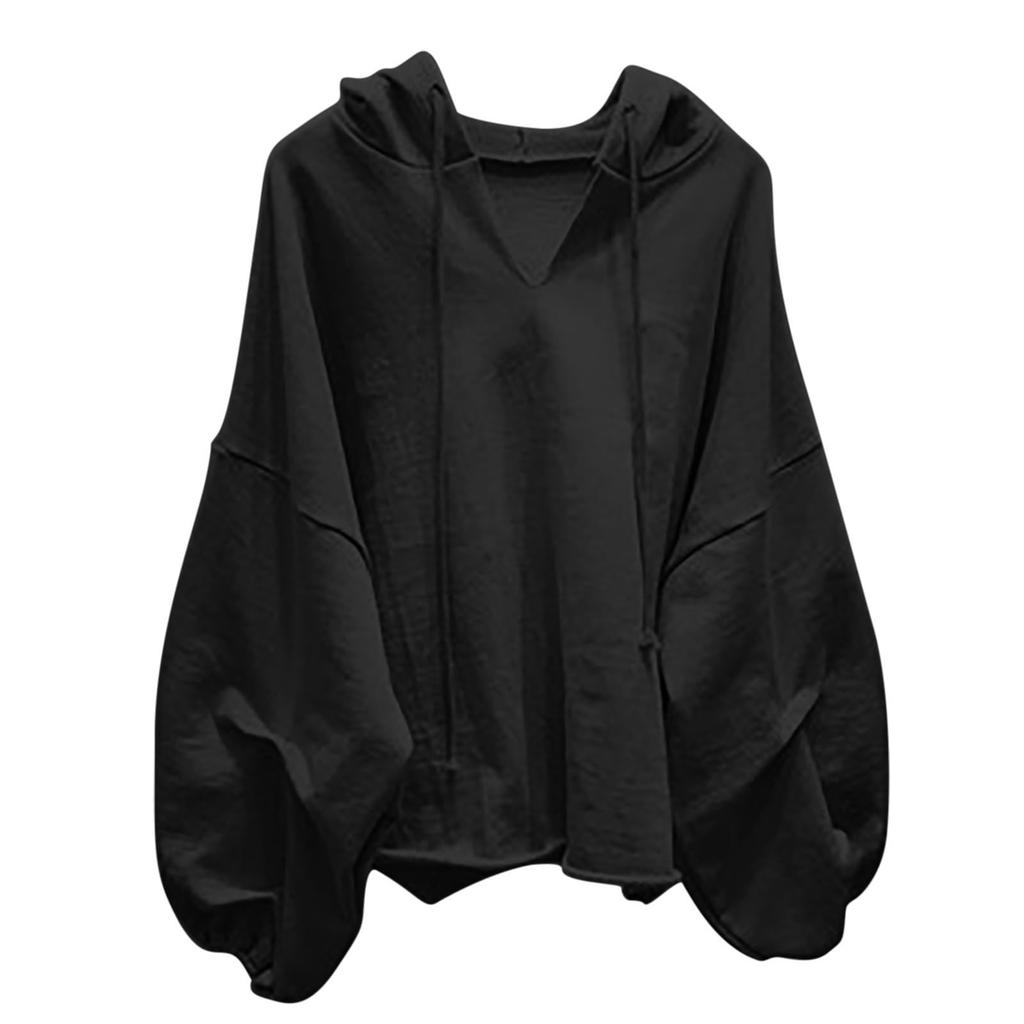 Women's Fashion Casual Solid Color V-Neck Hooded  Loose Long Sleeve Sweatshirt