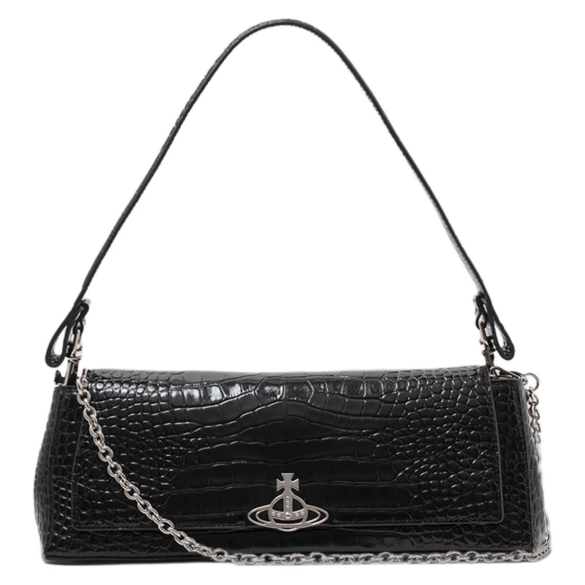 

VIVIENNE WESTWOOD Hazel Silver Metallic Brand Planet Logo Leather Shoulder Tote Bag Large Women Handbags Black 50684358300D Basic Set (Bag+Dust Bag)