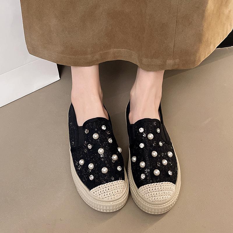 Fisherman Shoes Rhinestone Single Shoes New Summer 2025 Korean Version Fashion Outer Wear Pearl Rhinestone Flat Straw Slippers Women