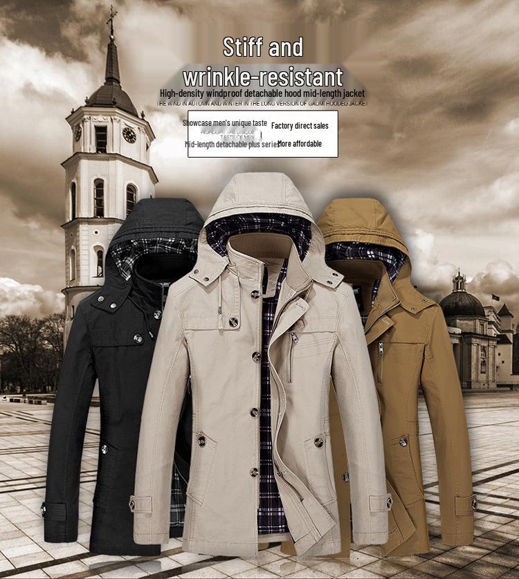 Herren-Windbreaker aus gewaschener Baumwolle, europäische Größe: Mittellange Freizeitjacke für Herbst/Winter