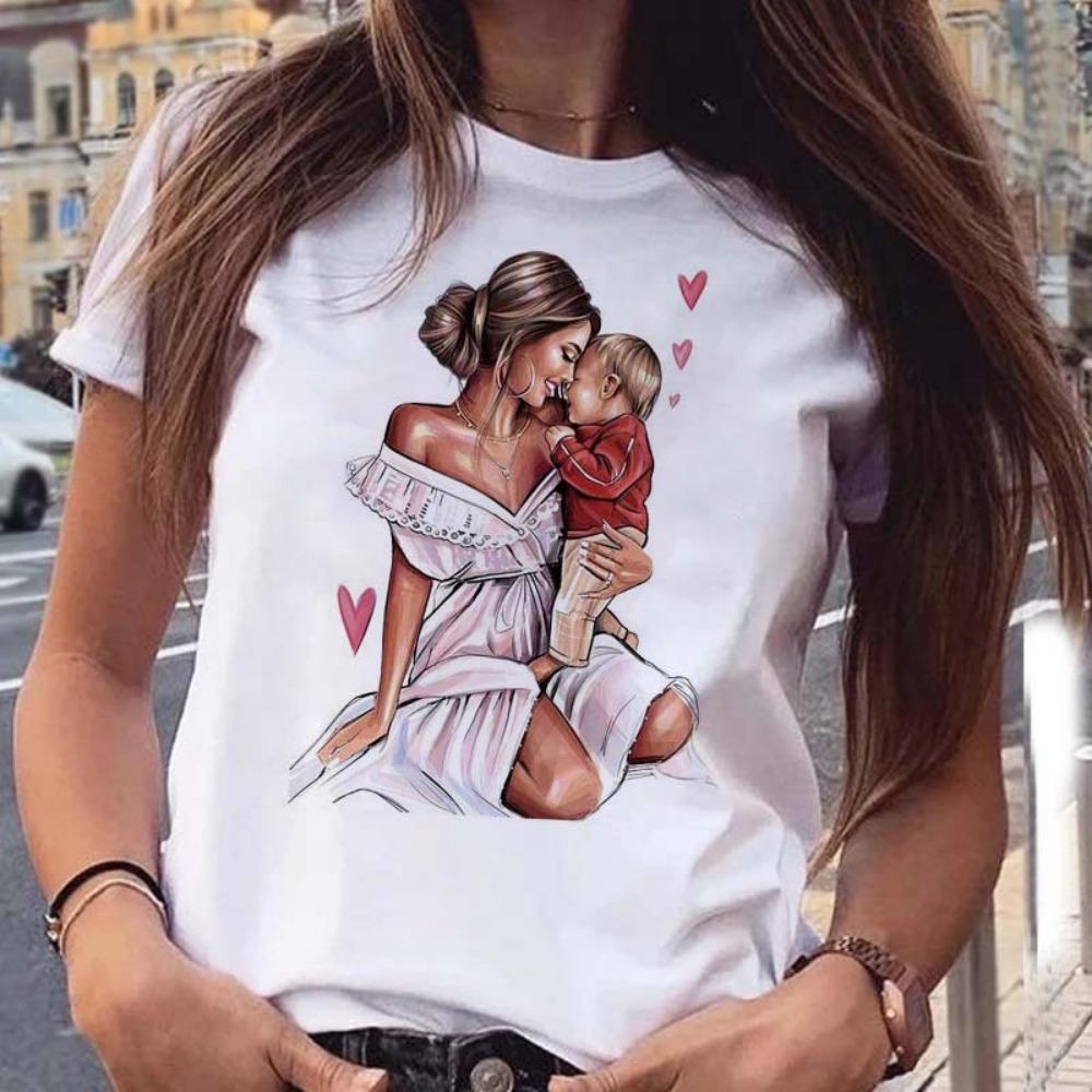 Maycaur Women T Shirt Cartoon Mom with Sons Shirt Fashion Print Casual Woman Tee Ladies Female T-shirt Short Sleeve T Top Shirt