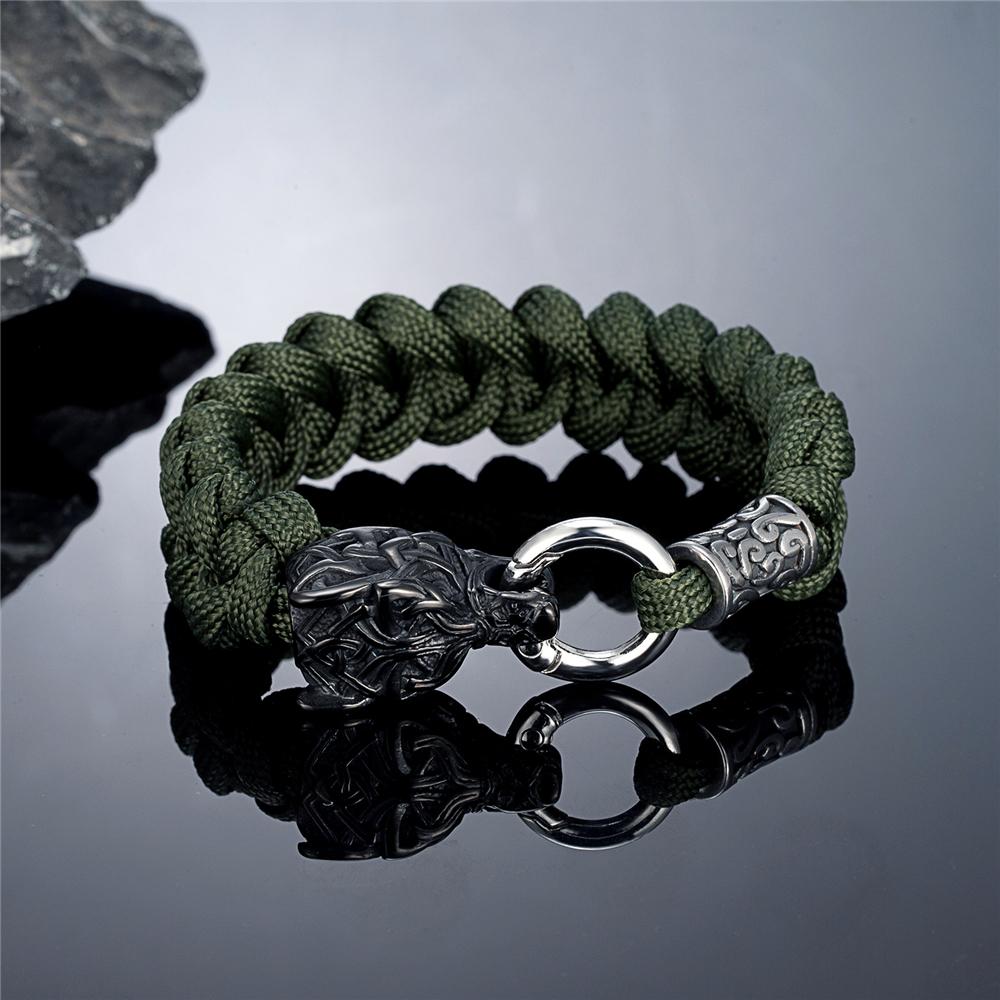 Outdoor Norse Mythology Odins Wolf Bracelet Men Stainless Steel Braided Paracord Rope Wristband Viking Runes Celtic Knot Jewelry