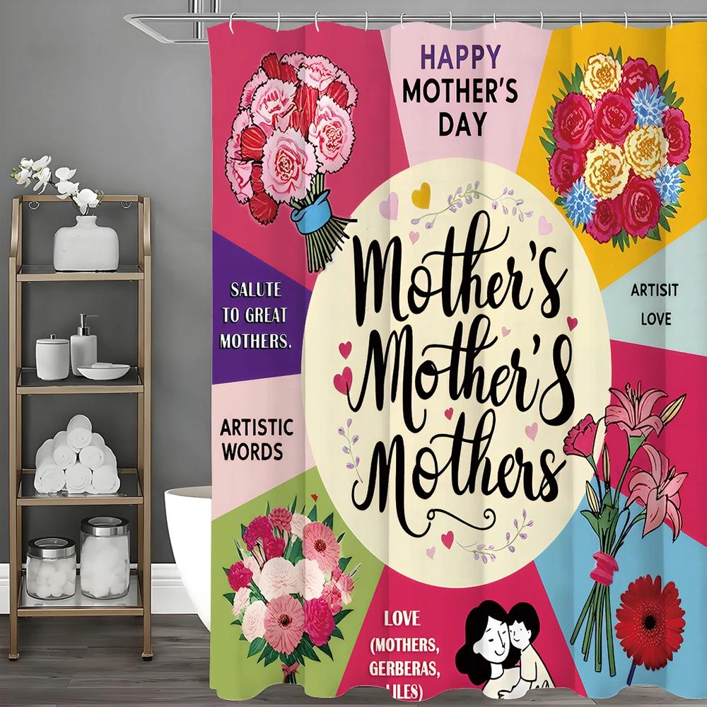 Mother's Day Floral Text Mother and Child Embrace Character Collage Shower Curtain, Bathroom Decorative Shower Curtain, Waterpro