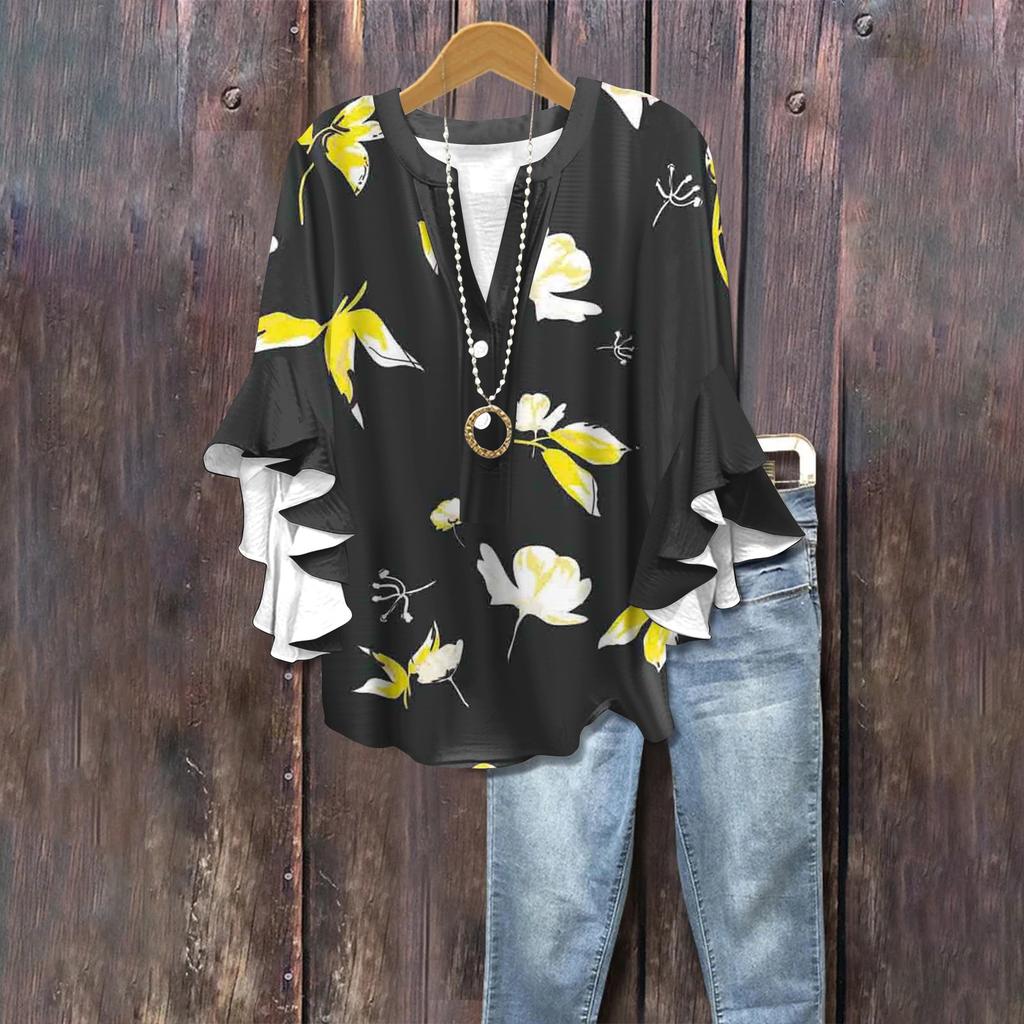 Summer Women's Tops V-Neck Seven Sleeve Shirt Spring Summer Floral Printed Tops Casual Shirt