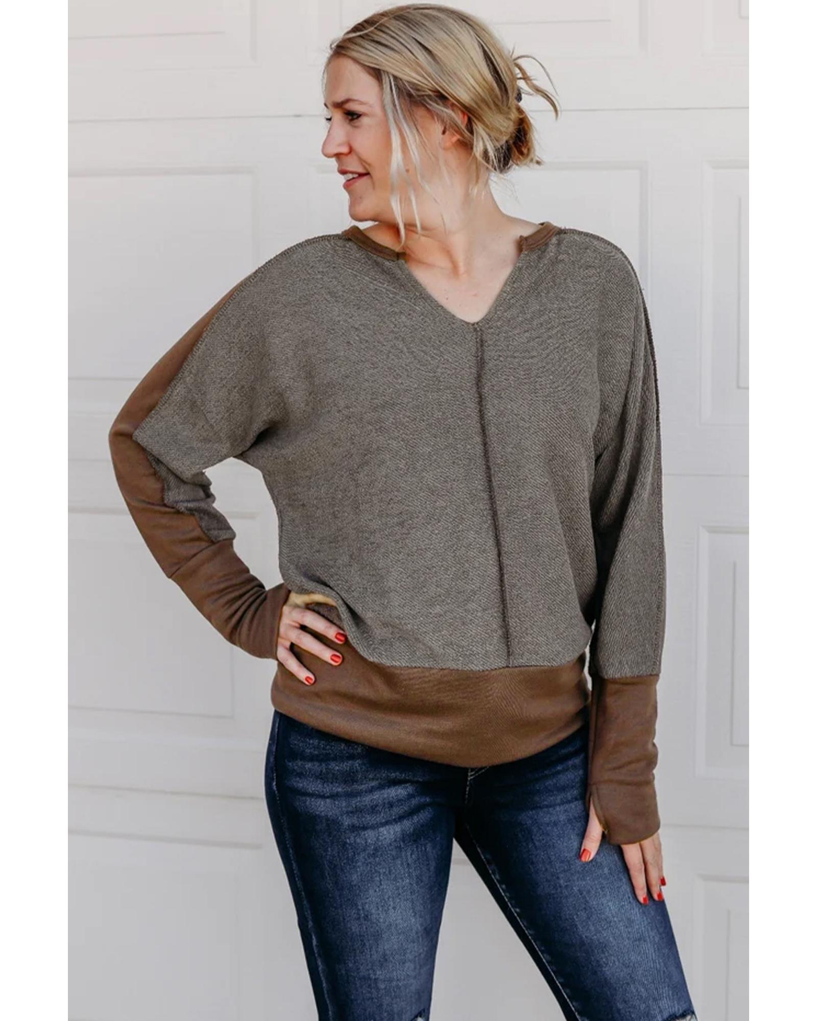 

Azura Exchange Brown Contrast Patchwork Thumbhole Sleeve Top L коричневый