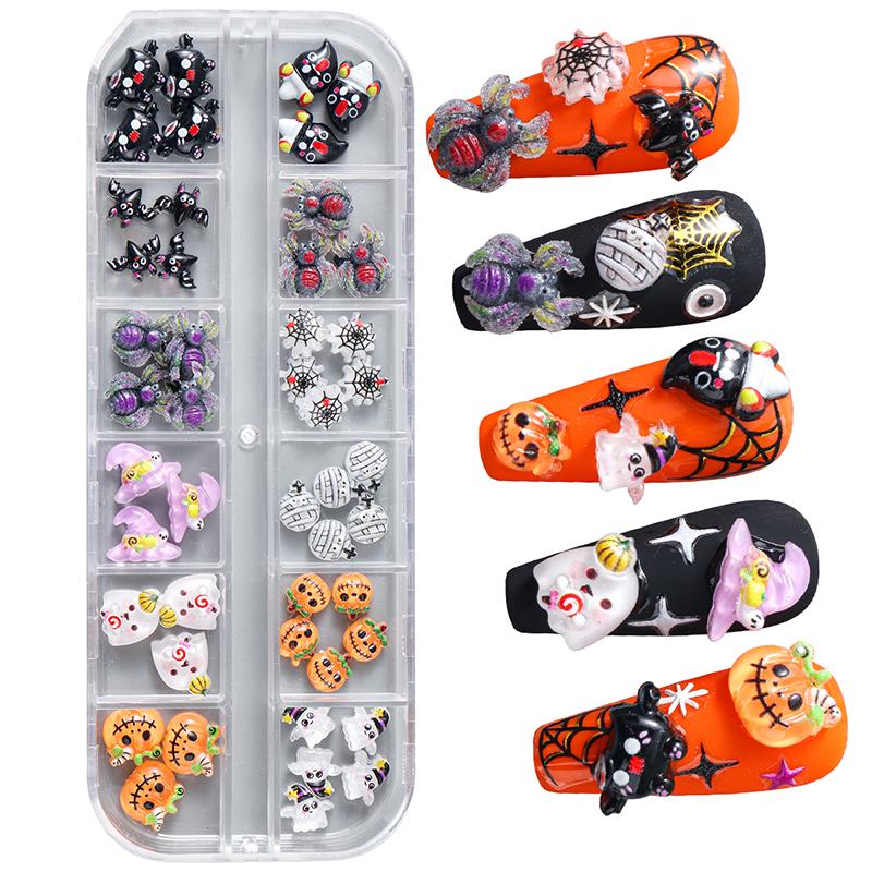 12 Grids Cute Spooky Ghost Pumpkin Nail Art Decorations Spider Bat Halloween Gothic Design Nail Art Jewelry Manicure Accessories