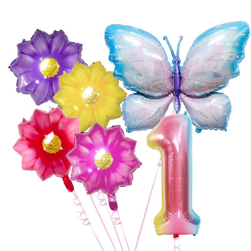 

Gradual Change Ice Blue Butterfly Flower Children S Birthday Party Photo Background Decoration 40 Inch Digital Aluminum Film Balloon Set Flower Butterfly Set 1