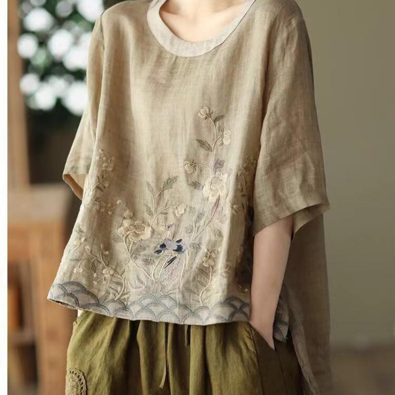 Blusen aus Baumwollleinen mit Blumenstickereien für Damen, klassisch, lockeres chinesisches Hemd, Oberteil, lässig, Retro, Rundhalsausschnitt, kurzärmelig, Sommerhemden