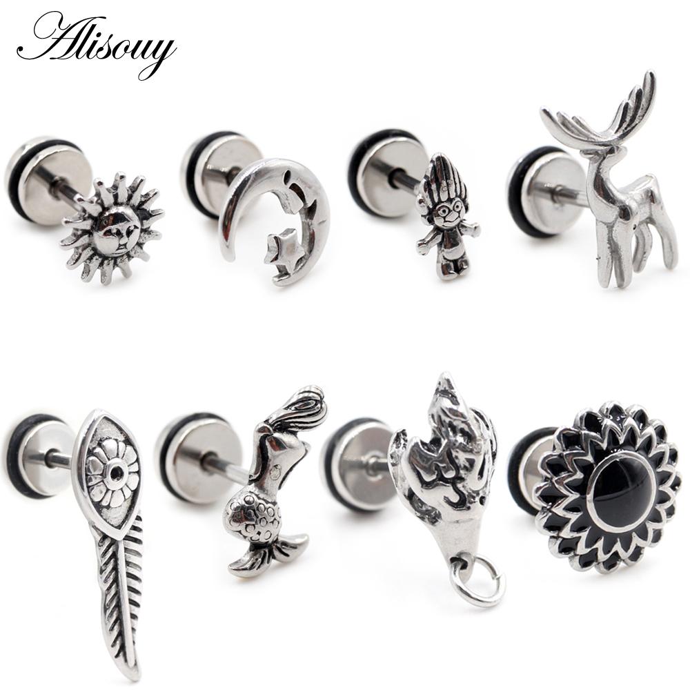 Alisouy 2pcs Stainless Steel Dolphin Lizard Sun Moon Cross CZ Women Men Ear Stud Earring Tragus Helix Cartilage Piercing Jewelry