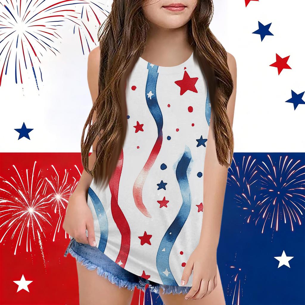 Girls  Kids Summer Crewneck Sleeveless Shirts Tank Tops Independence Day