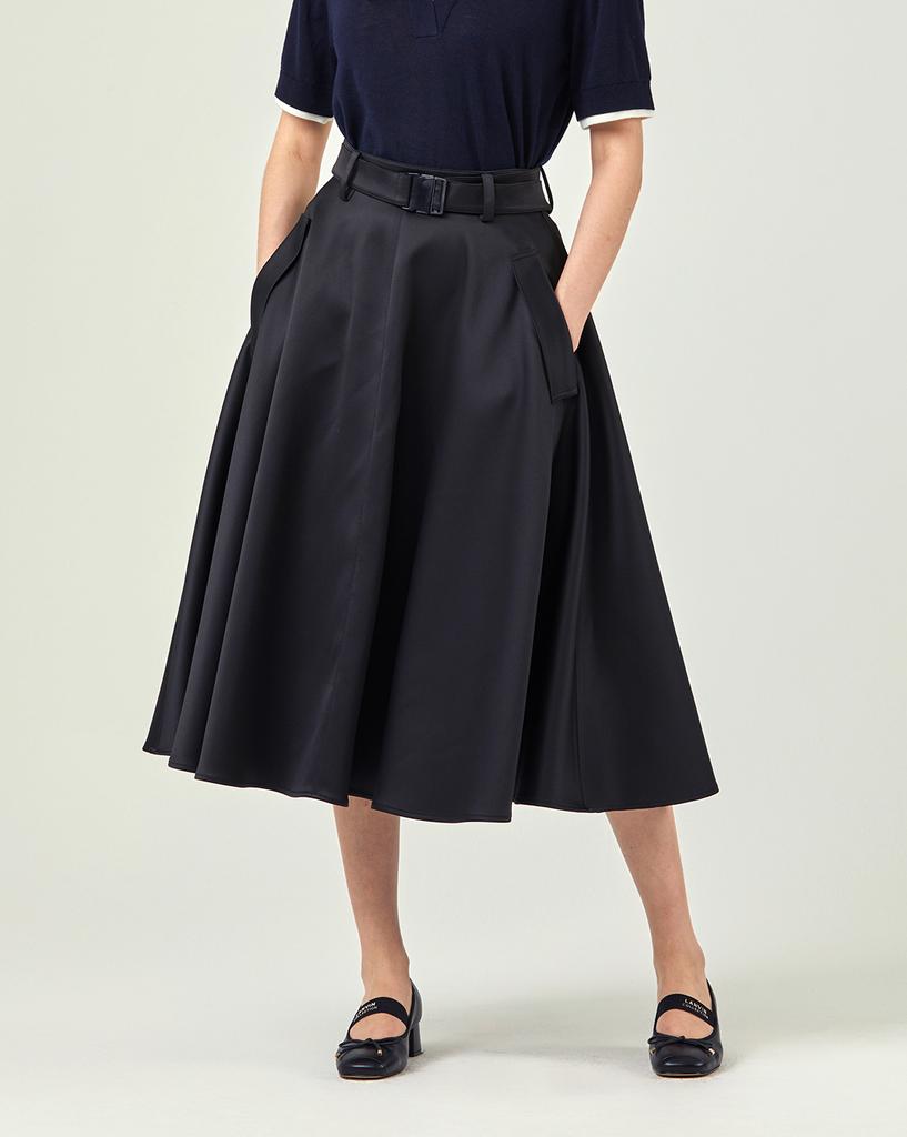 Lebeun Satin Belted Flare Skirt