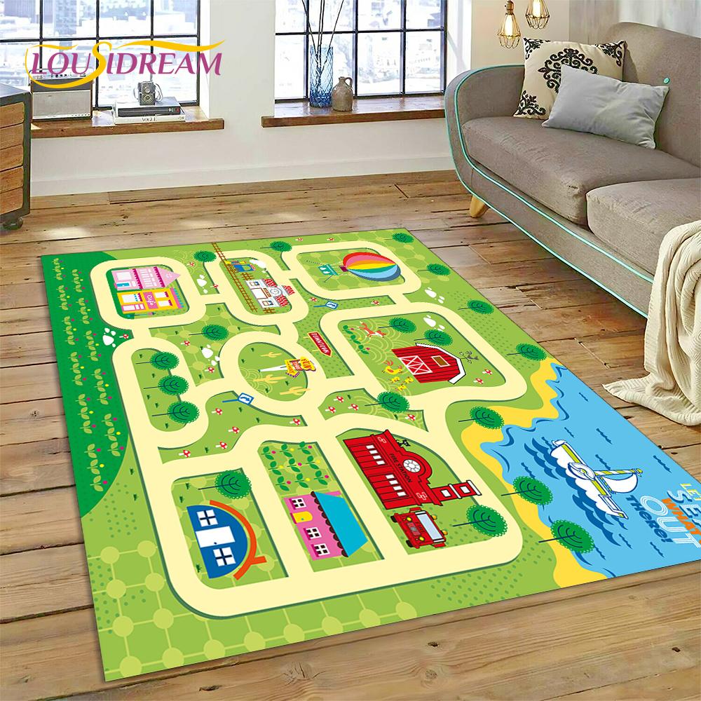 City Traffic Road Map Runway Child PlayMat Highway Playroom Area Rug,Carpet Rug for Living Room Bedroom Sofa Doormat, Non-slip