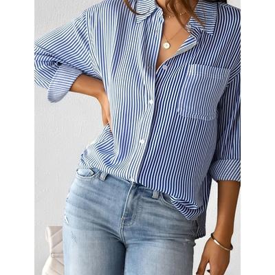Camicia Chic a Maniche Lunghe con Stampa a Righe - Abbigliamento Casual da Donna con Taschino e Abbottonatura Frontale - Perfetta per l'Uso Quotidiano
