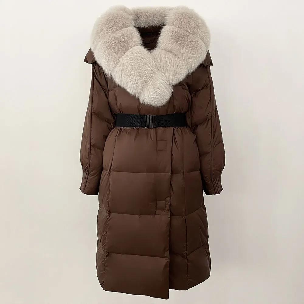 OFTBUY Winter Jacket Women Long Natural Real Raccoon Fox Fur Collar White Duck Down Coat Belt Thick Warm Casual Outerwear