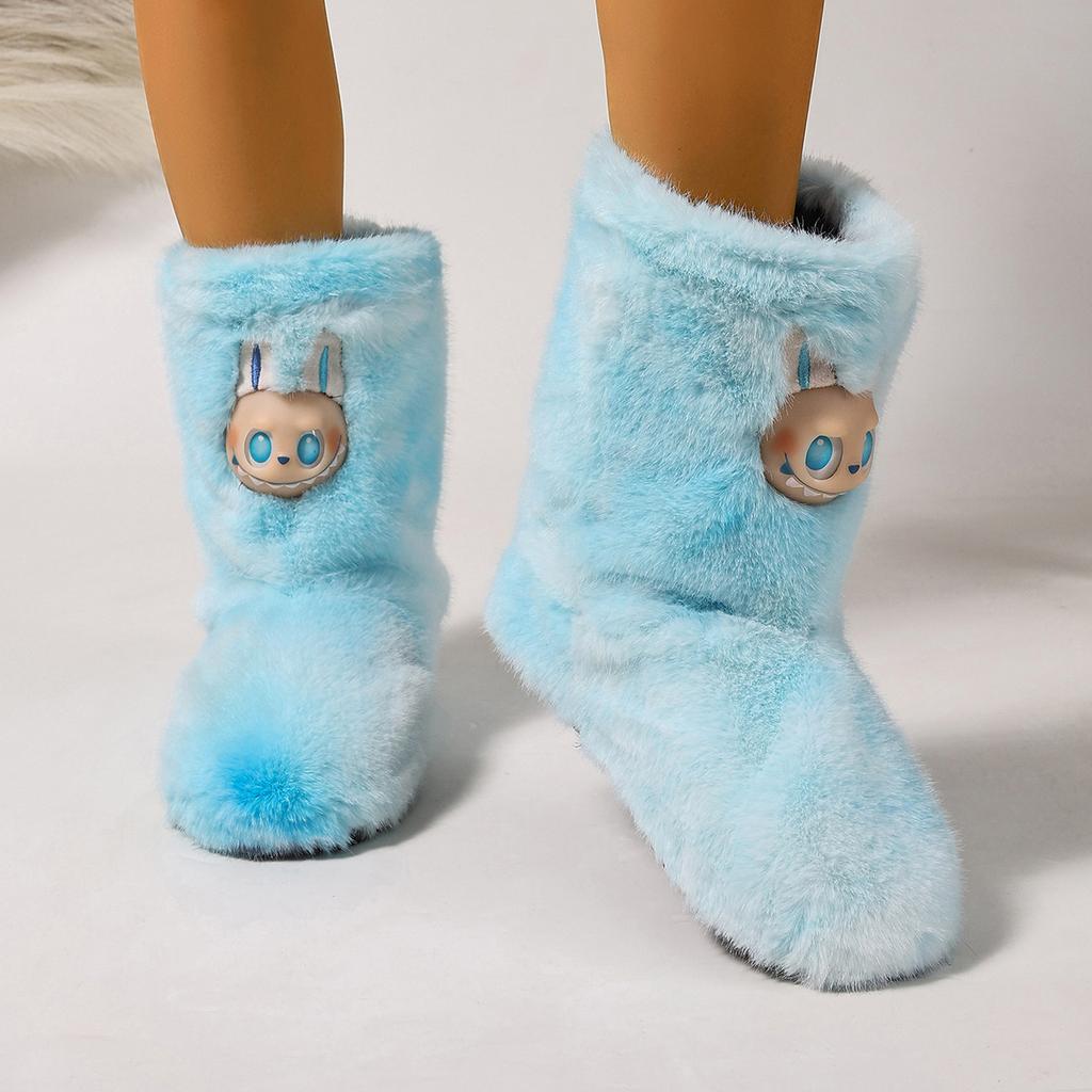 Women's Plush Boots Furry Fur Winter Ankle Boots With Faux Fur Lined for Women Warm Fluffy Mid-Calf Snow Boot Indoor Outdoot Booties House Shoes