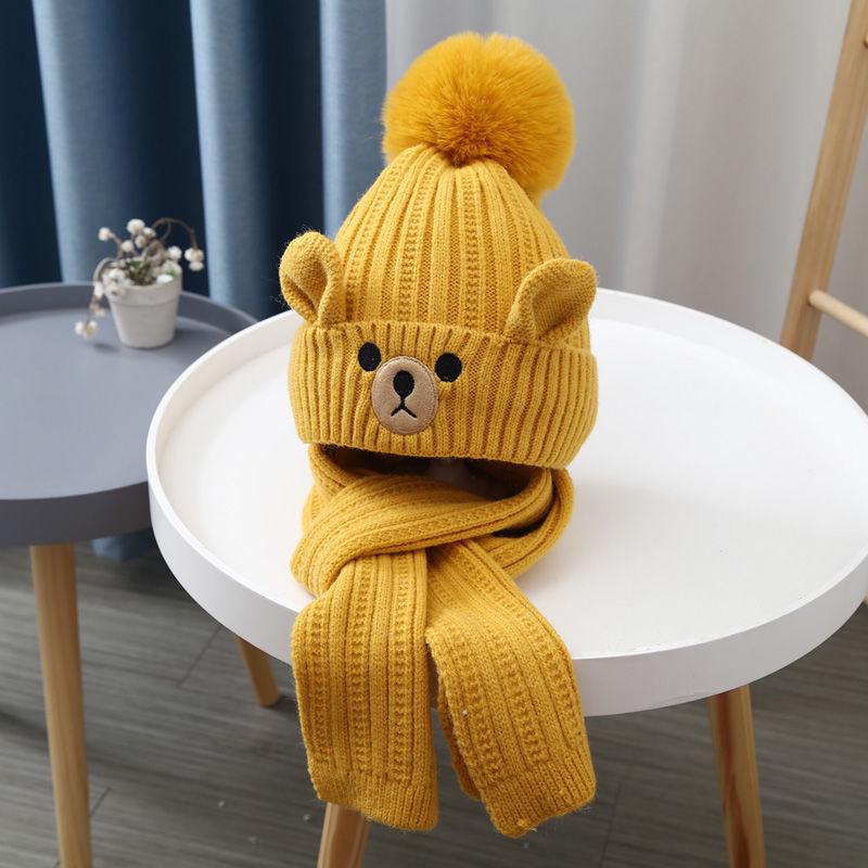 Kids' Wool Hat & Scarf Set with Fleece Lining, Cute Korean Style Pullover for Boys & Girls