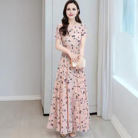Women's Summer Chiffon Flowy Maxi Dress Casual A-line Short Sleeve Crew Neck Long Dress Floral Boho Beach Sundress