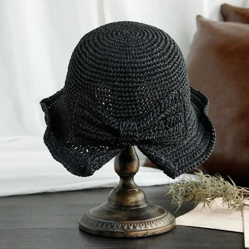 1 Pcs New Sun Sunshade Hat for Women Folding Bow Japanese Artistic Resort Beach Straw Weaving Hat