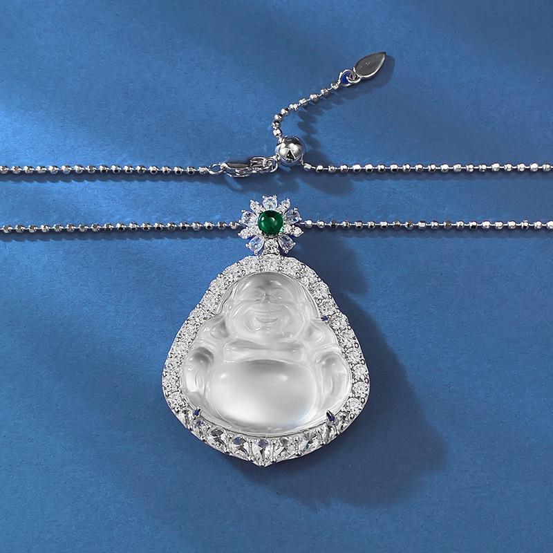 

Ювелирные изделия храма Луоси Подвеска Майтрея из серебра 925 пробы с натуральным нефритом «Водяной туман» и халцедоном «Высокий лед», ожерелье, регулируемое. 925 Silver