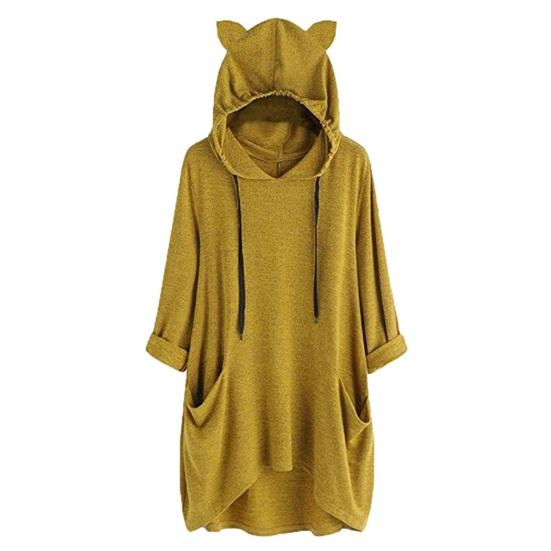 Women Long Pullover Hoodie Irregular Hem 3/4 Sleeve Sweatshirts Cat Ear Hooded Tunic Tops with Pockets