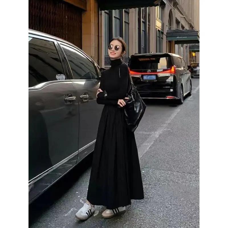 LYRIA New French Style Temperament Women's High-Grade Black Dress Hepburn Style Gray Turtleneck Dress for Women Autumn Winter
