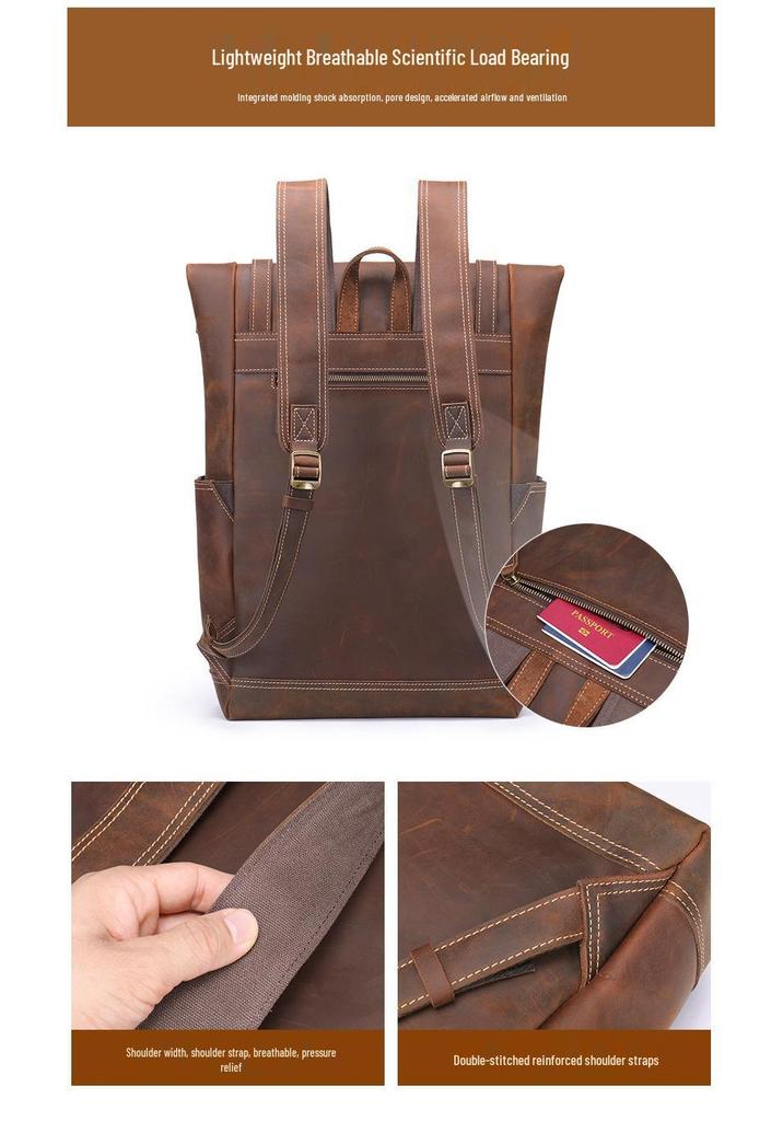 Men's Wear-Resistant Crazy Horse Leather Backpack for Travel and Hiking