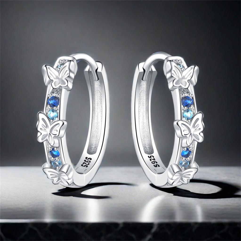 S925 Silver Blue Butterfly Insects Earrings Hoop Earrings Women Jewelry Trendy Anniversary Gifts
