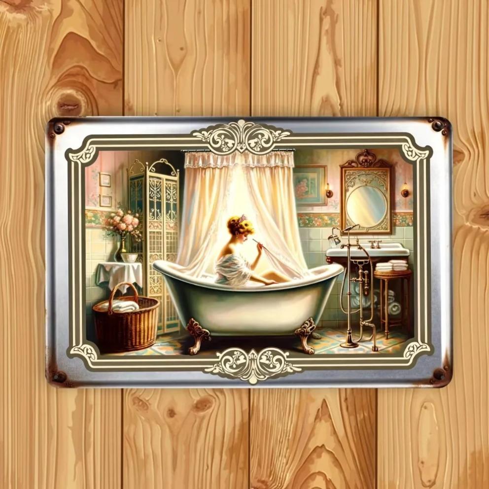 2d Vintage wrought iron painting: girl in the bathroom, metal wall decoration, , perfect room decoration